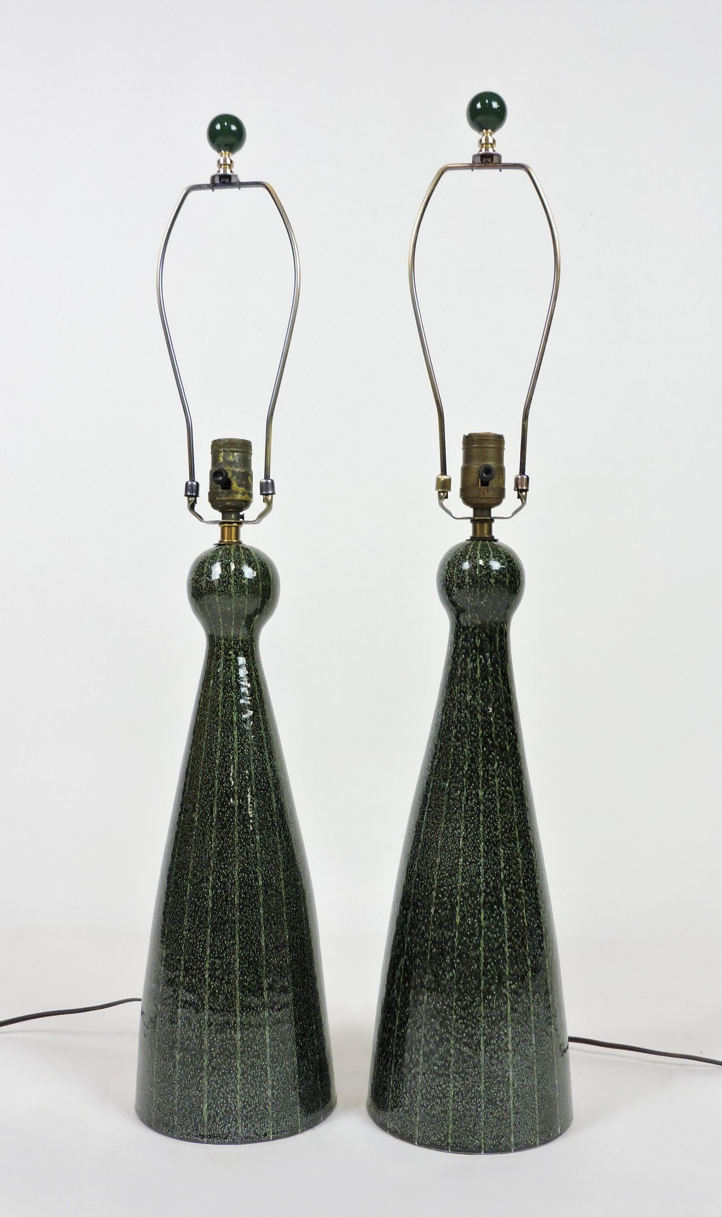 Pair of Mid-Century Italian Modern Dark Green Ceramic Table Lamps Bitossi Style 6