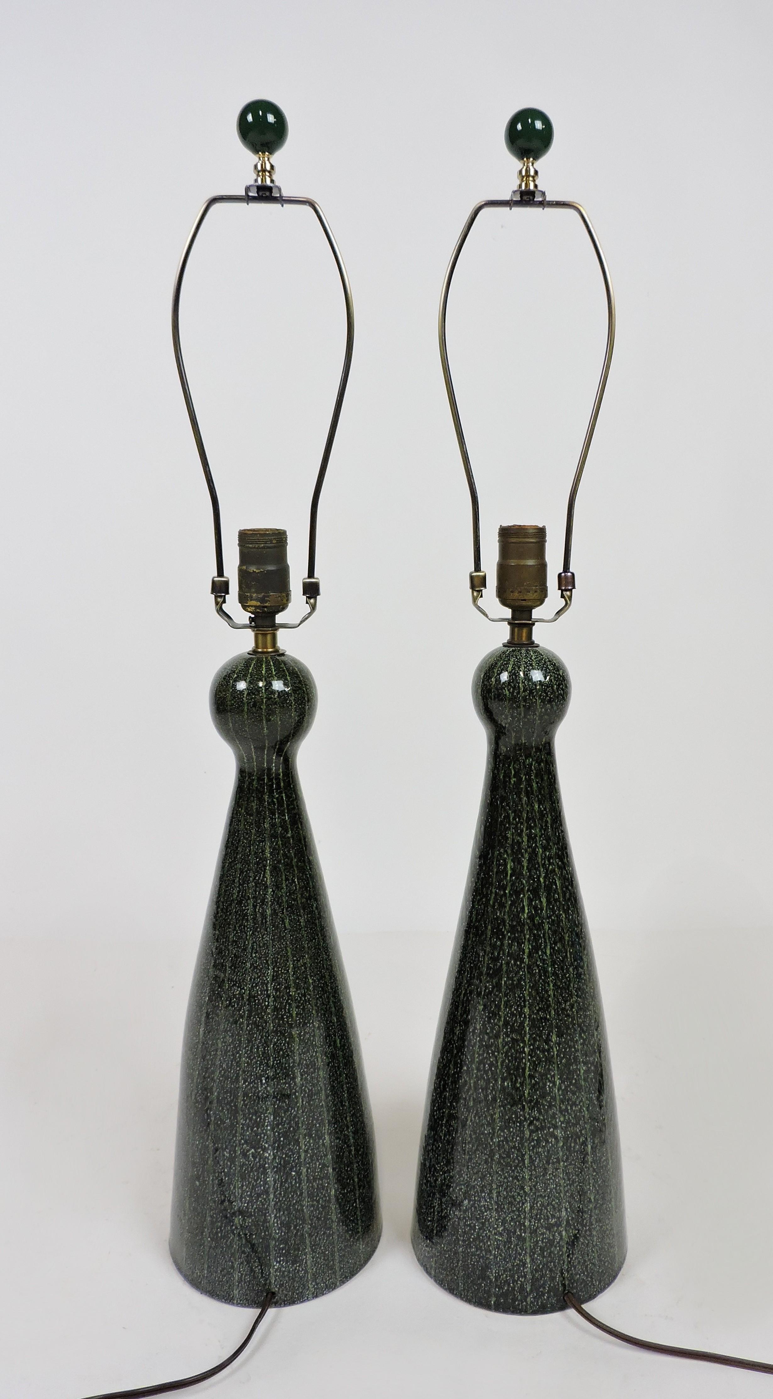 Mid-Century Modern Pair of Mid-Century Italian Modern Dark Green Ceramic Table Lamps Bitossi Style