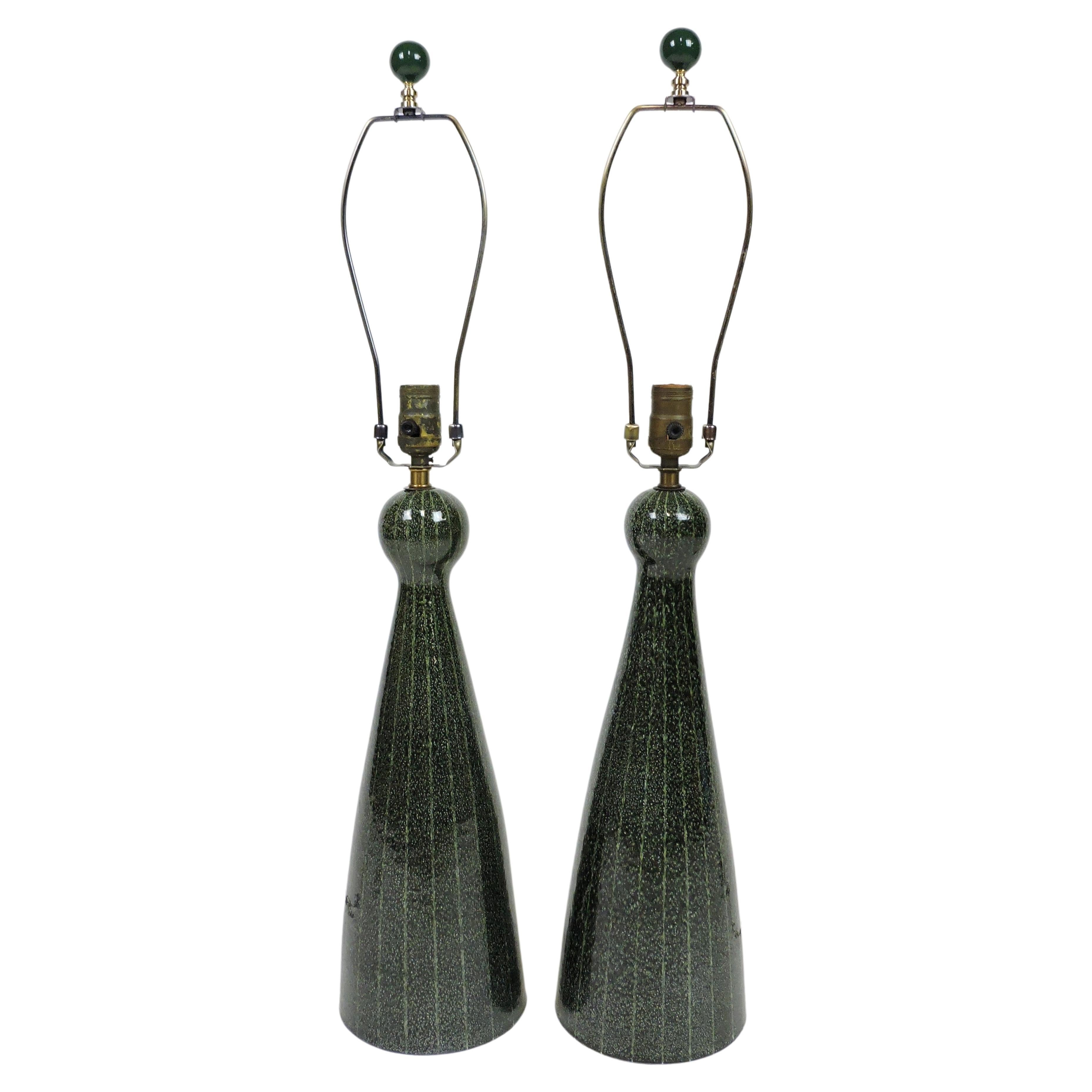 Pair of Mid-Century Italian Modern Dark Green Ceramic Table Lamps Bitossi Style