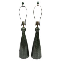 Pair of Mid-Century Italian Modern Dark Green Ceramic Table Lamps Bitossi Style