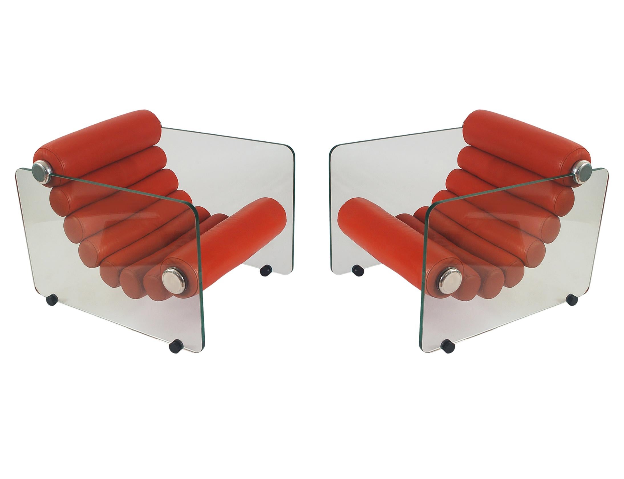 Late 20th Century Pair of Mid Century Italian Modern Fabio Lenci Lounge Chairs in Glass & Leather