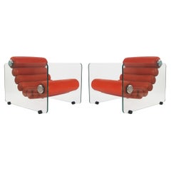 Pair of Mid Century Italian Modern Fabio Lenci Lounge Chairs in Glass & Leather