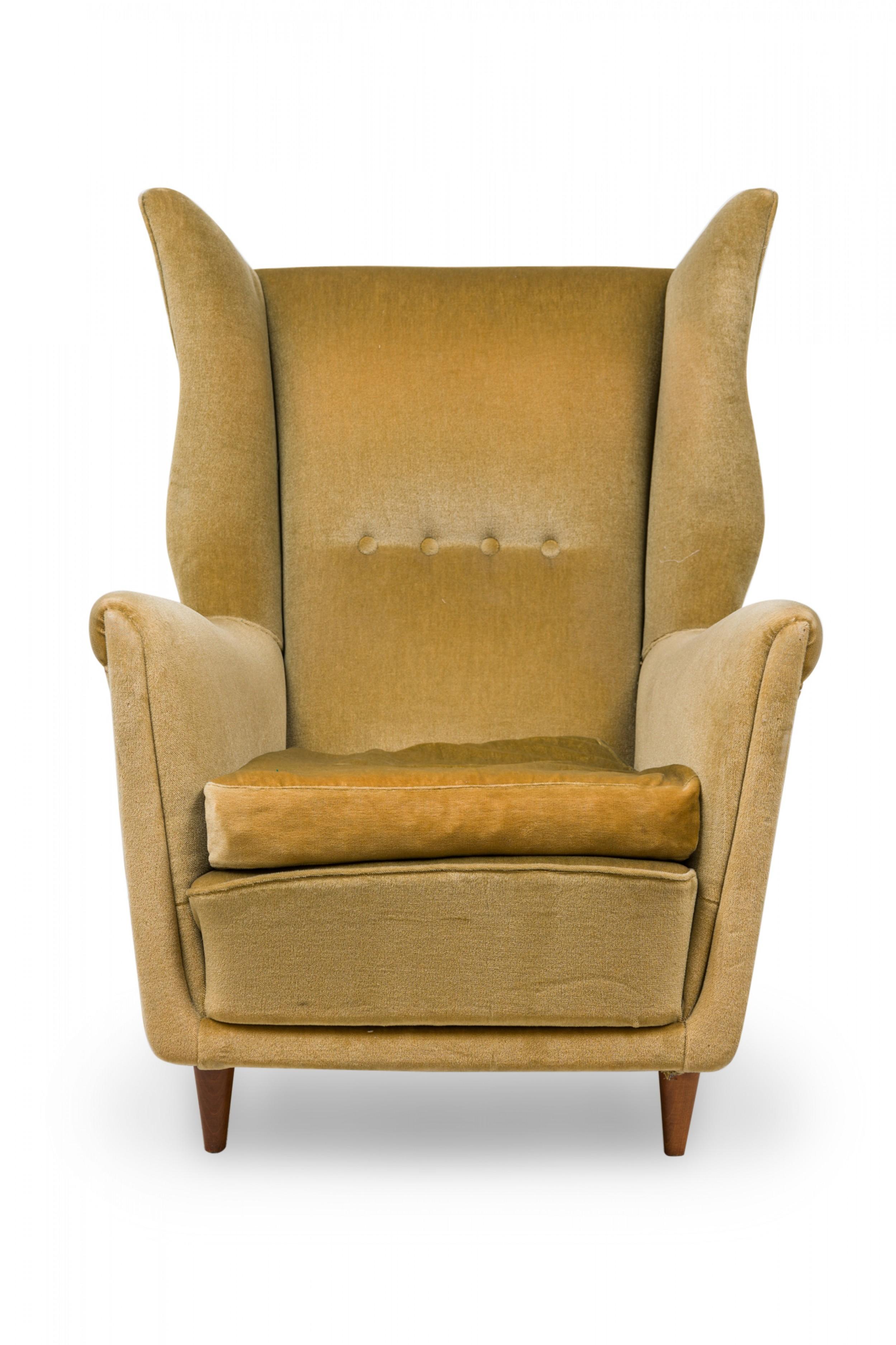 Mid-Century Modern Pair of Midcentury Italian Modern Gold Velvet Upholstered Lounge / Armchairs For Sale