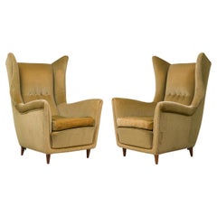 Vintage Pair of Midcentury Italian Modern Gold Velvet Upholstered Lounge / Armchairs