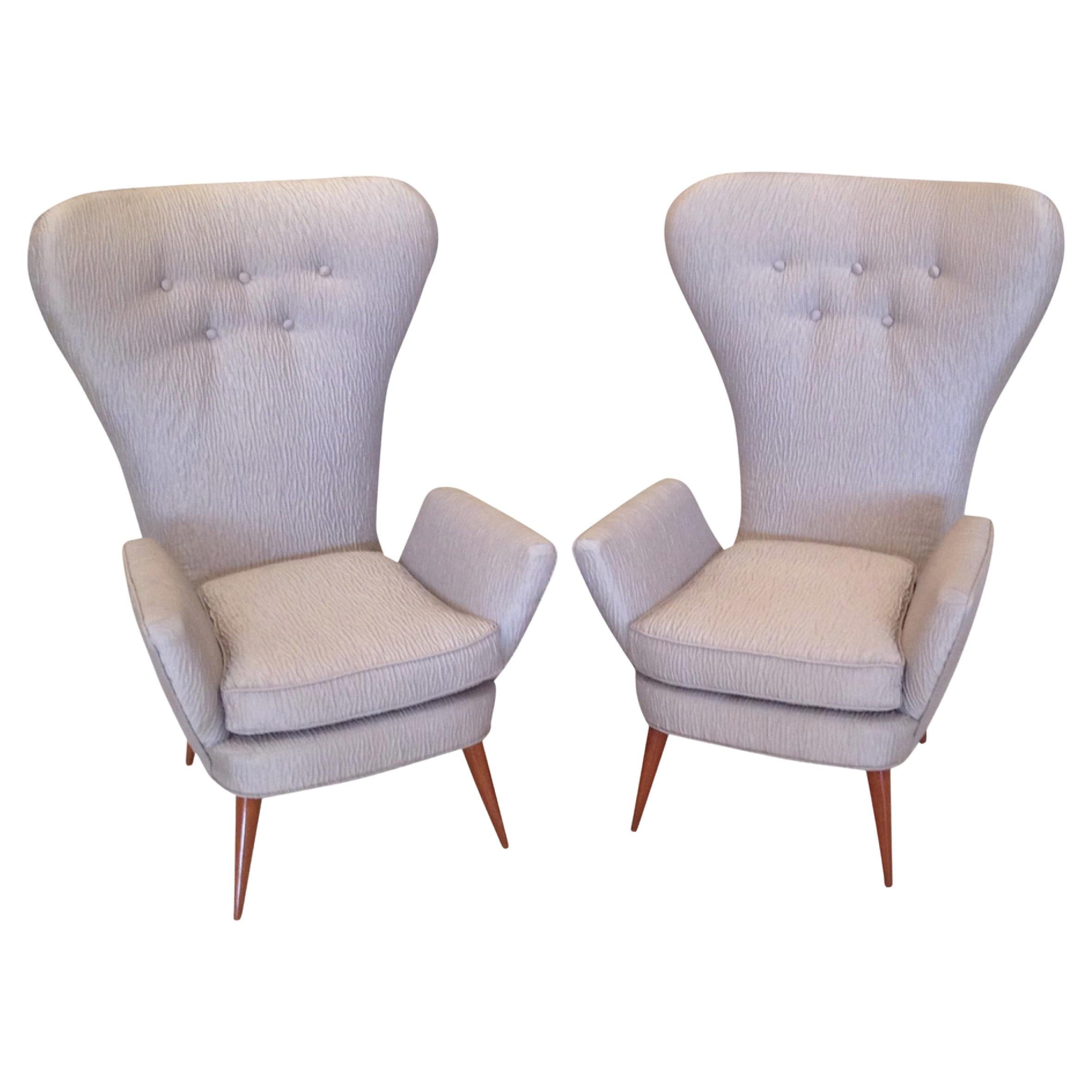 Pair of Mid-Century Italian Modern High Back Gray Upholstered Armchairs