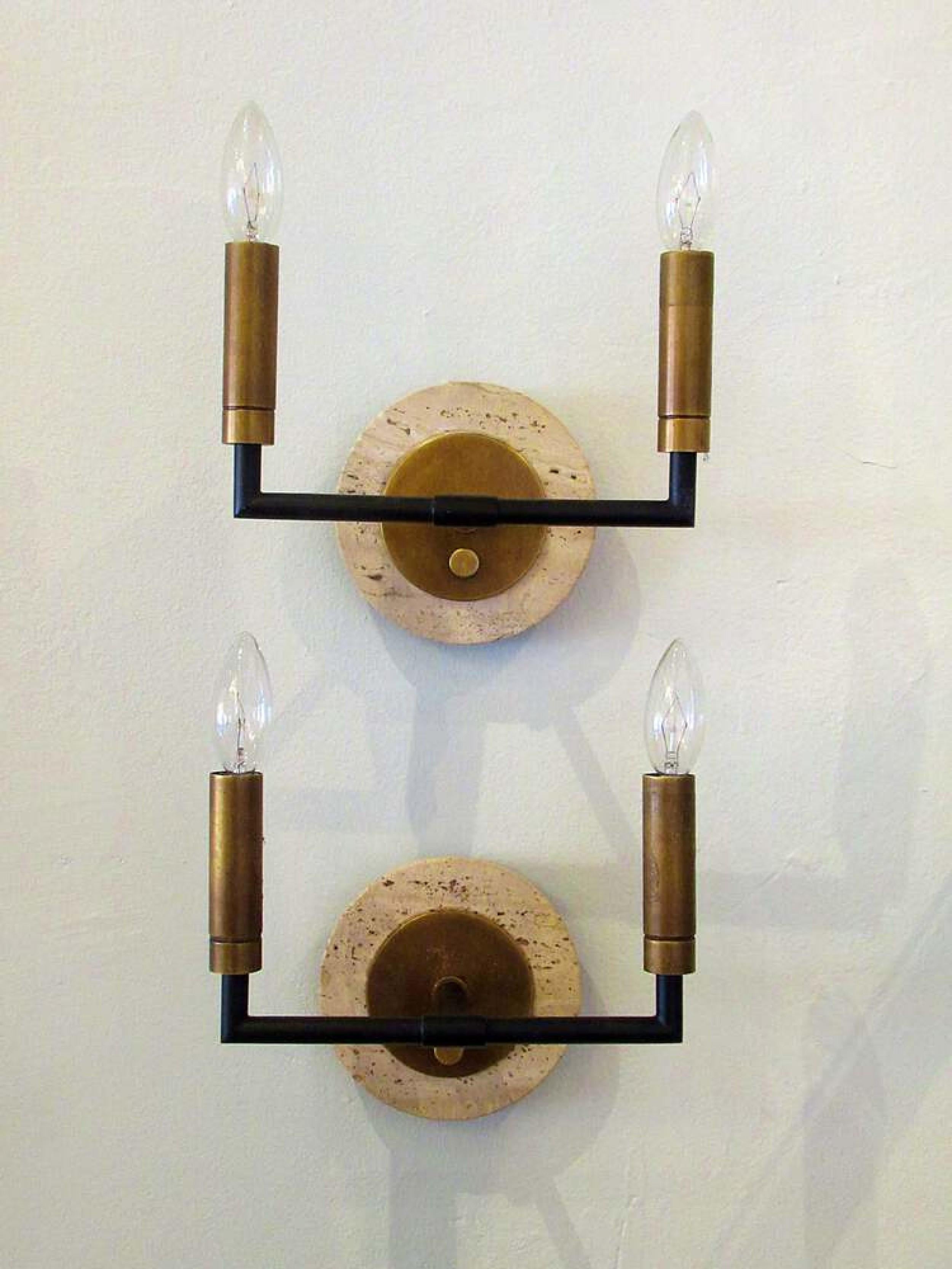 Pair of Midcentury Italian Modern Metal and Travertine Wall Sconces For Sale 2