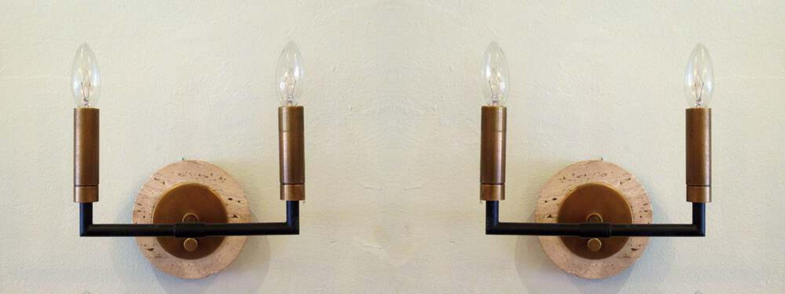Pair of Midcentury Italian Modern Metal and Travertine Wall Sconces For Sale 3