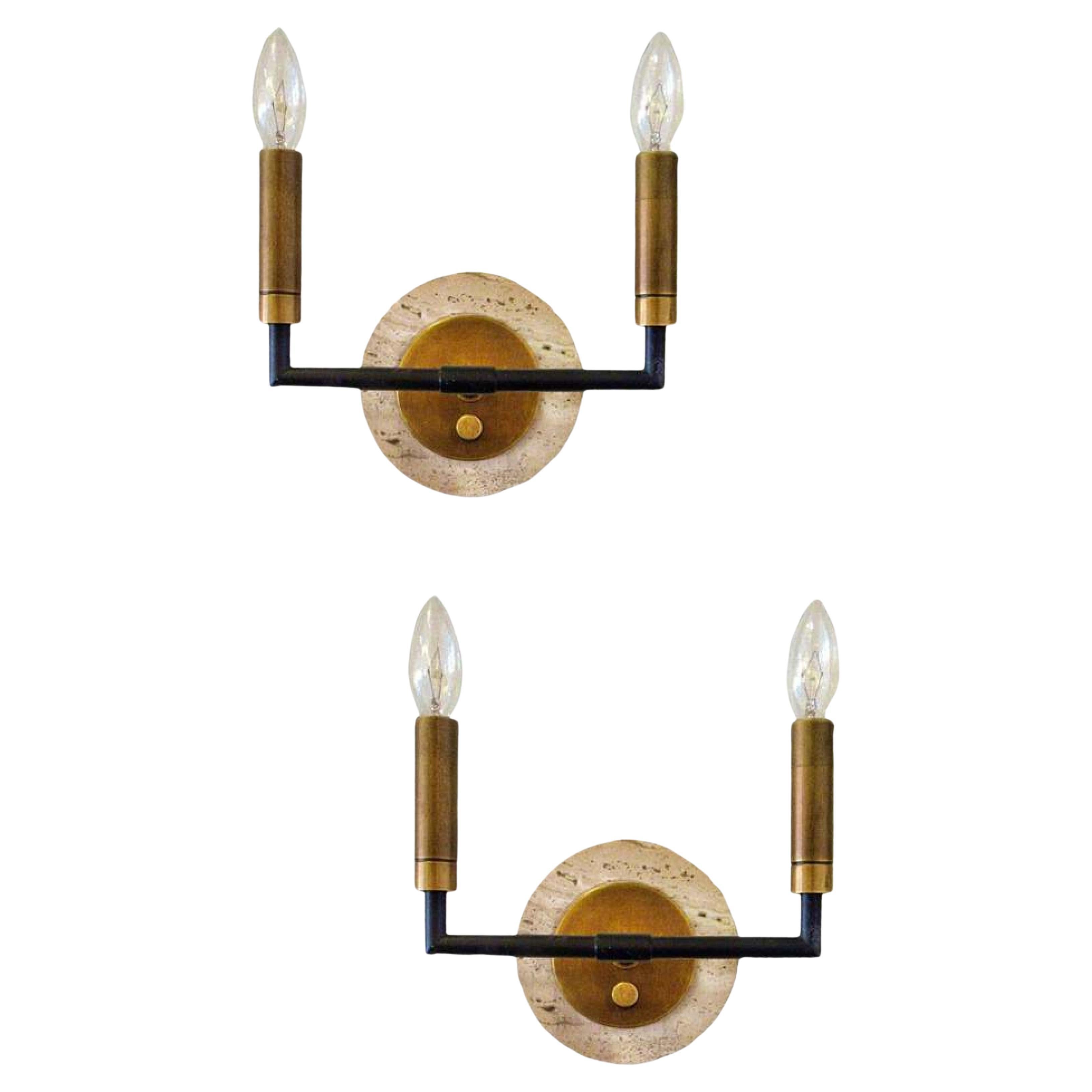 Pair of Midcentury Italian Modern Metal and Travertine Wall Sconces For Sale