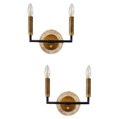 Vintage Pair of Midcentury Italian Modern Metal and Travertine Wall Sconces