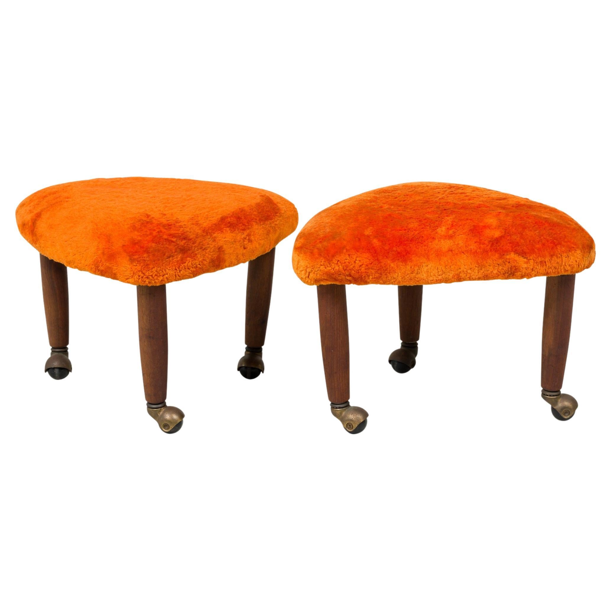 Pair of Midcentury Italian Modern Triangular Orange Upholstered Footstools