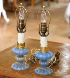 Pair of Mid-Century Italian Murano Blue Art Glass Table Lamps With Custom Shades