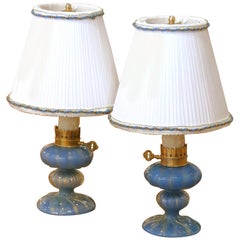 Pair of Mid-Century Italian Murano Blue Art Glass Table Lamps With Custom Shades