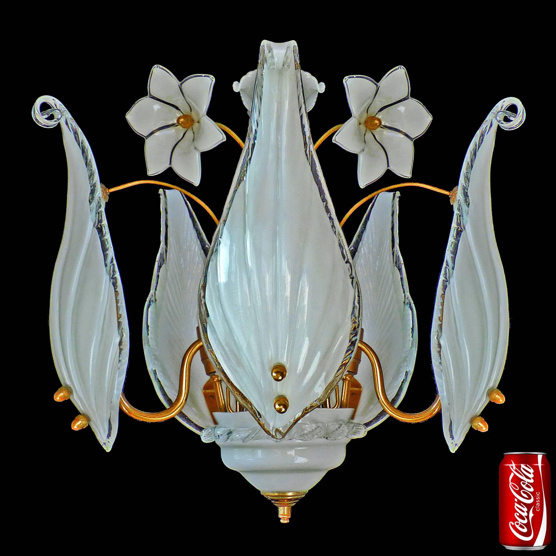 Hollywood Regency Italian Pair Murano Franco Luce Art Glass &Gilt Brass Mid-Century Chandelier-PPU For Sale