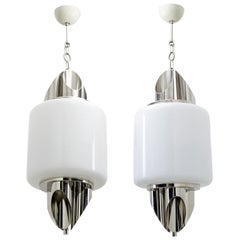 Pair of Midcentury Italian Murano Glass and Chrome Ceiling Lamp, Selenova, 1970s