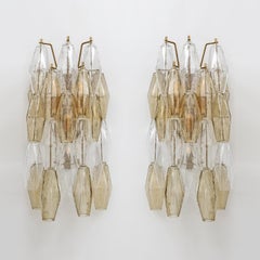 Pair of Mid-Century Italian Murano Glass Poliedri Sconces in Amber and Clear