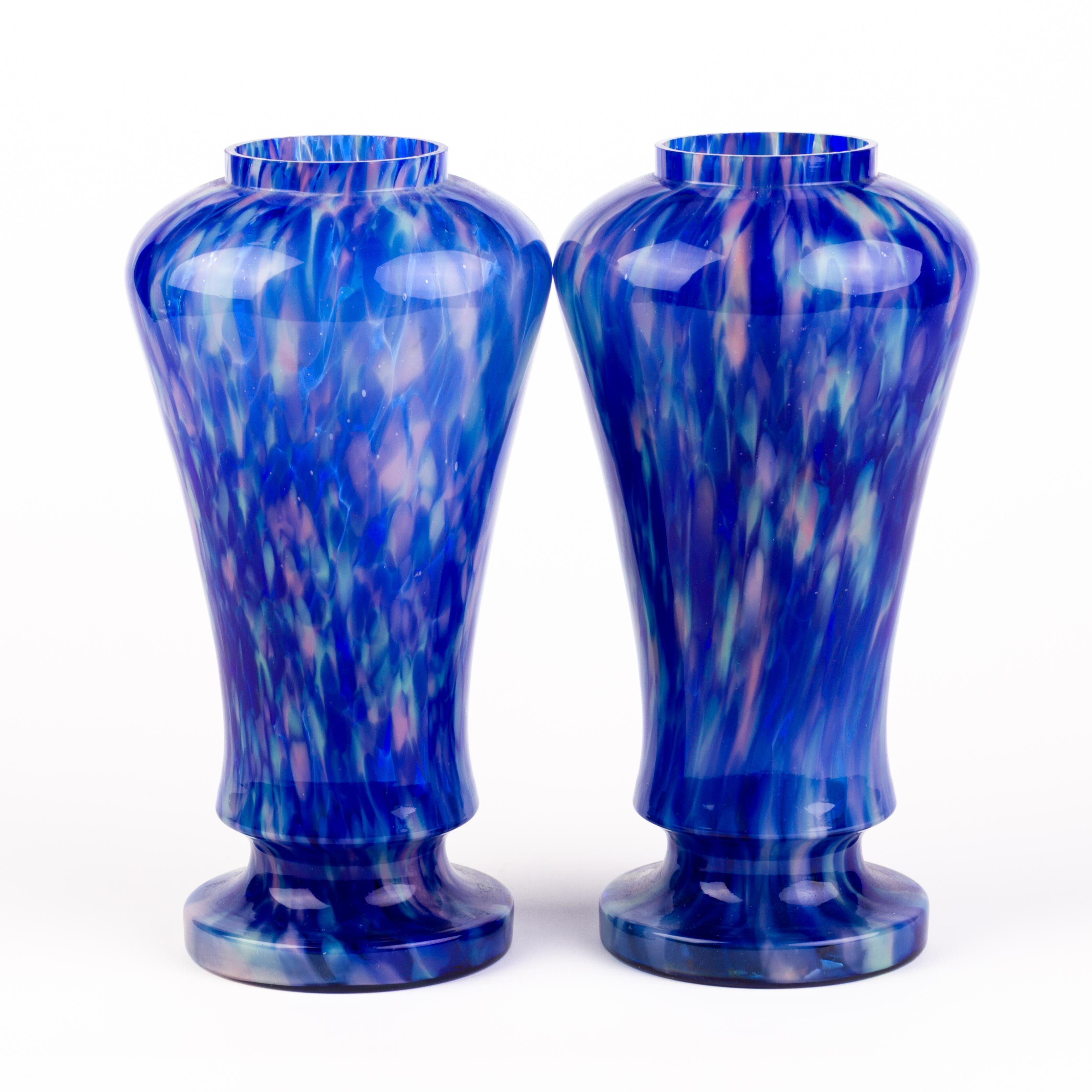 20th Century Pair of Mid-Century Italian Murano Venetian Splatter Blue Glass Baluster Vases For Sale
