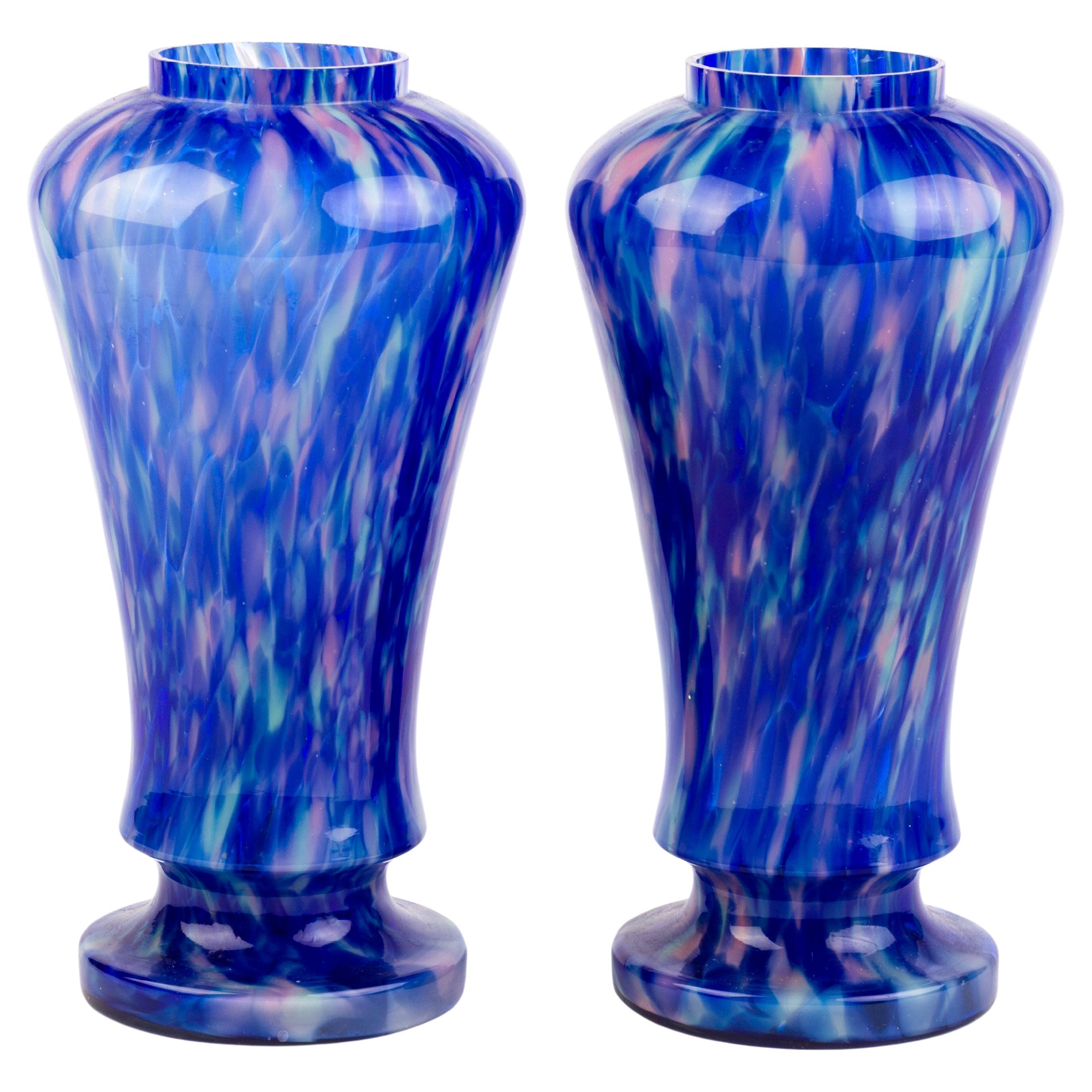 Pair of Mid-Century Italian Murano Venetian Splatter Blue Glass Baluster Vases For Sale
