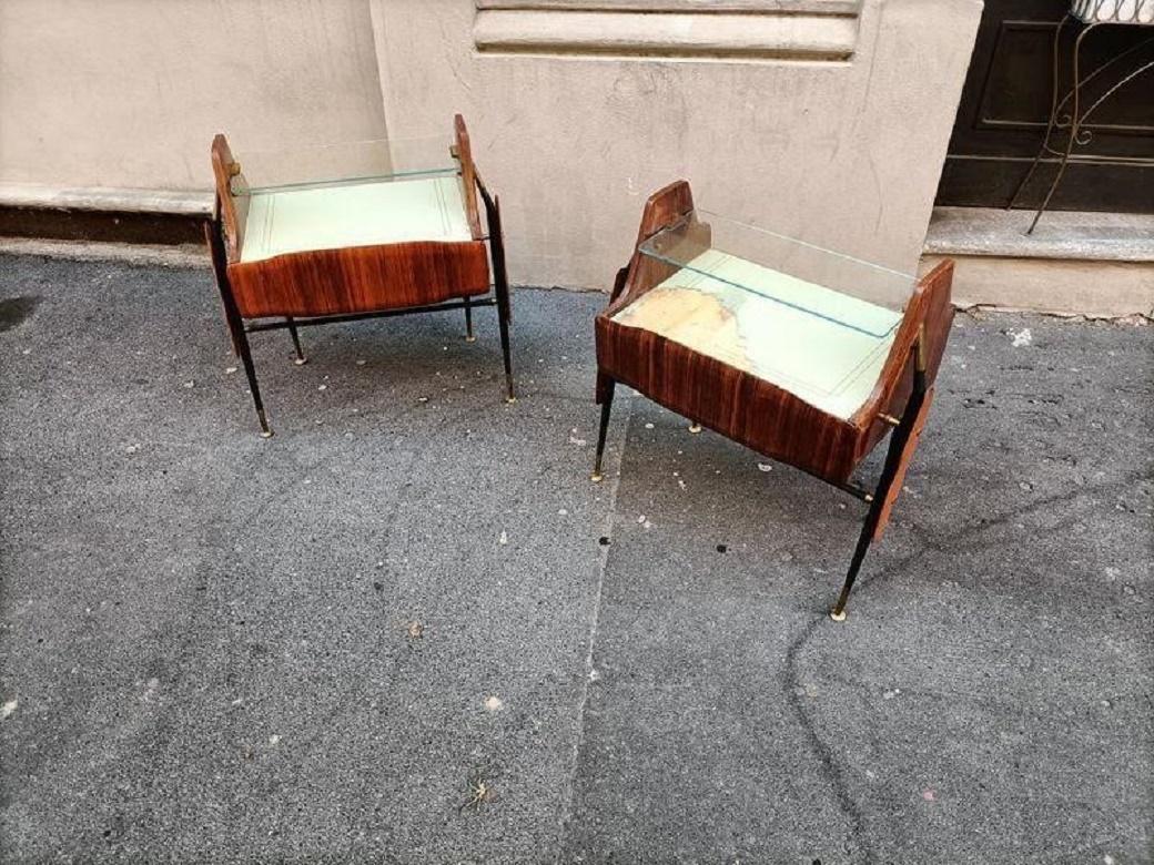 Pair of Midcentury Italian Night Stands Black Lacquered, Brass Details, 1950s 11