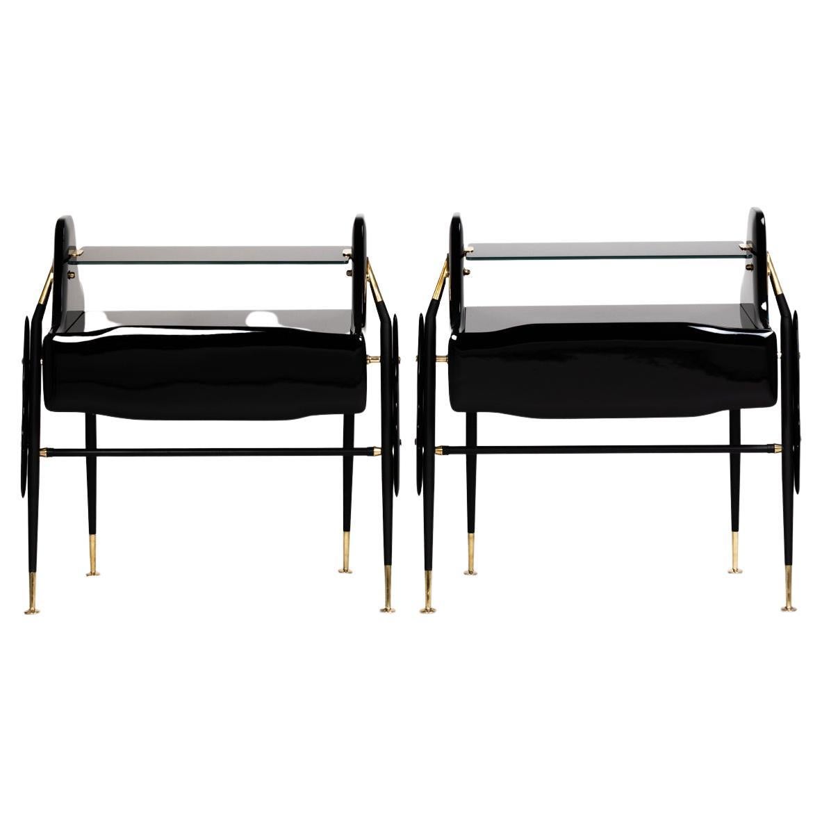 Pair of Midcentury Italian Night Stands Black Lacquered, Brass Details, 1950s