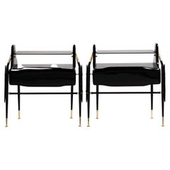 Pair of Midcentury Italian Night Stands Black Lacquered, Brass Details, 1950s