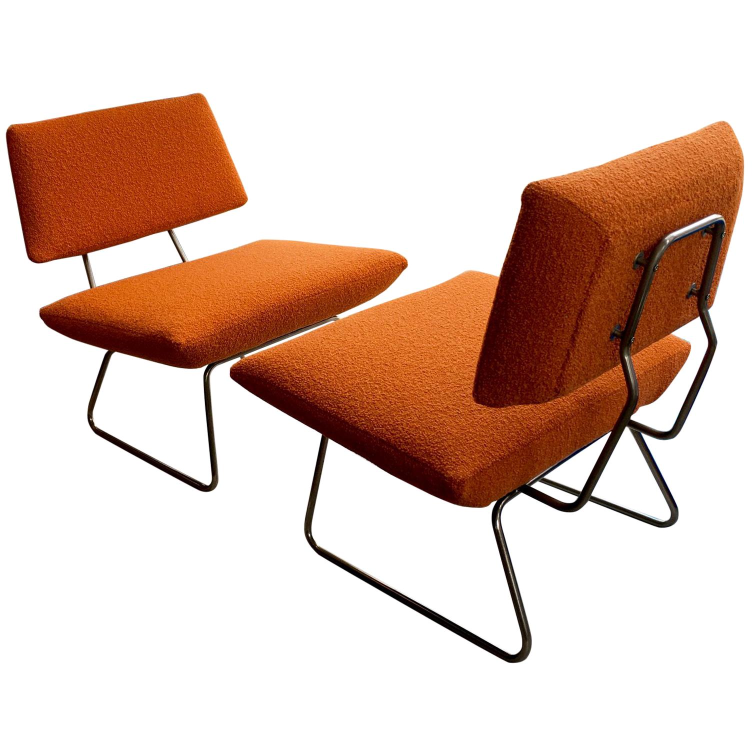 Pair of Midcentury Italian Orange and Chrome Lounge Chairs, Arflex, 1960s