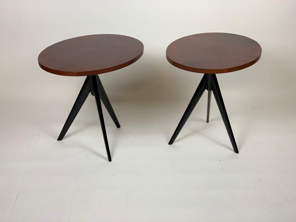 Pair of Mid Century Italian Oval Leather Top Side Tables 1