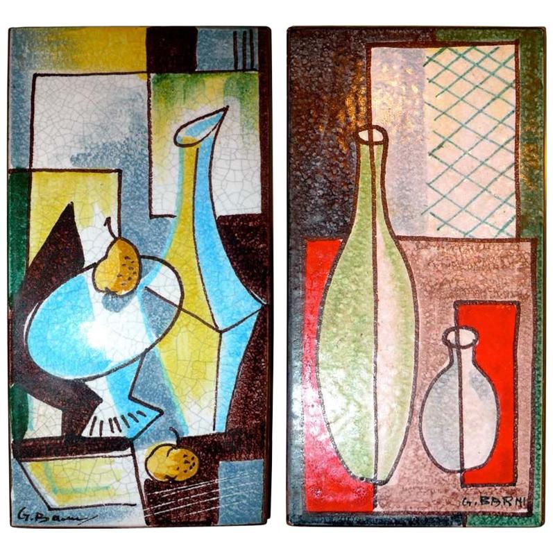 Pair of Mid-Century Italian Painted Tiles Signed G. Barni