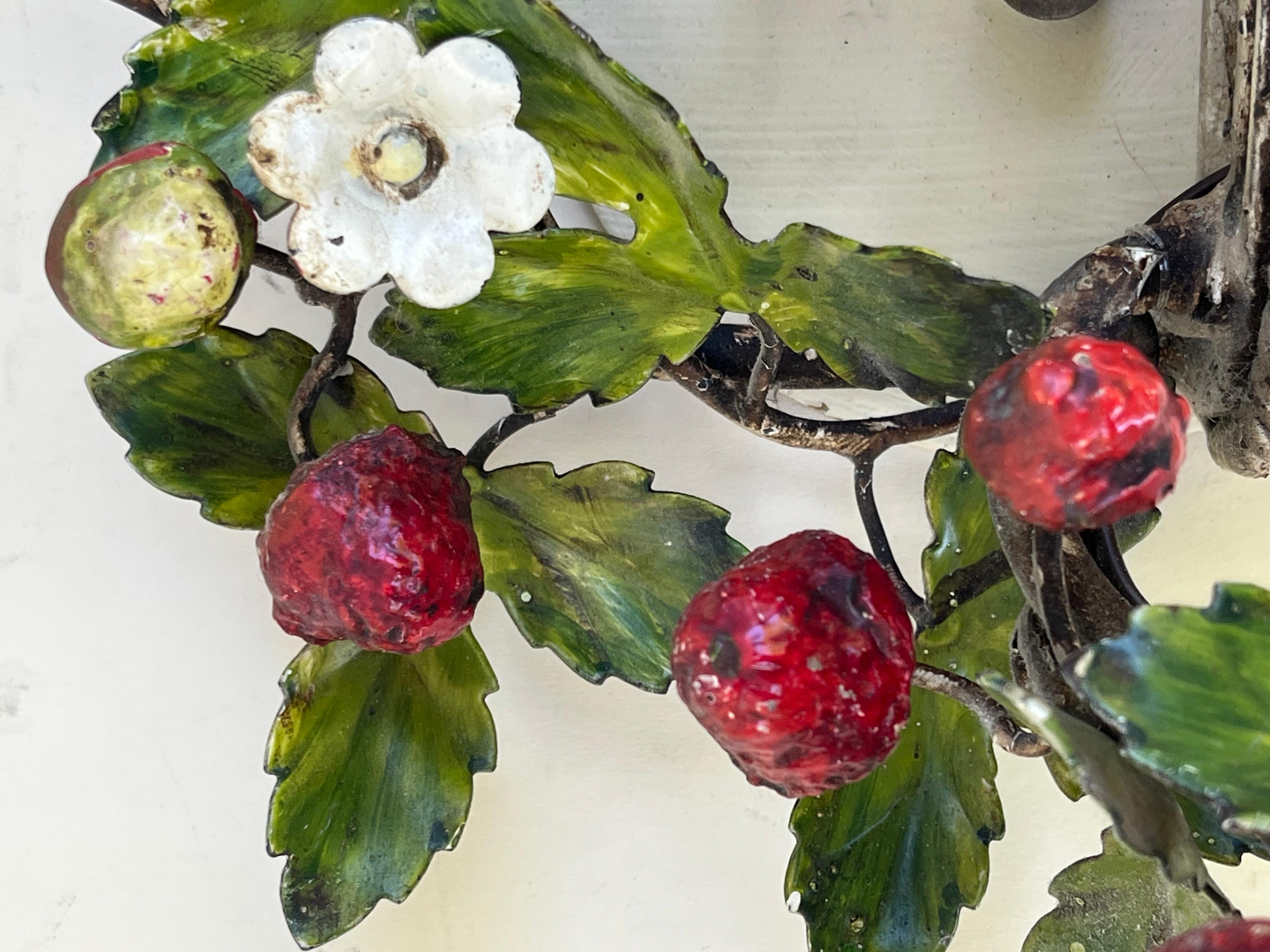 Pair of Mid-Century Italian Painted Tole Wild Strawberry Wall Sconces. For Sale 7