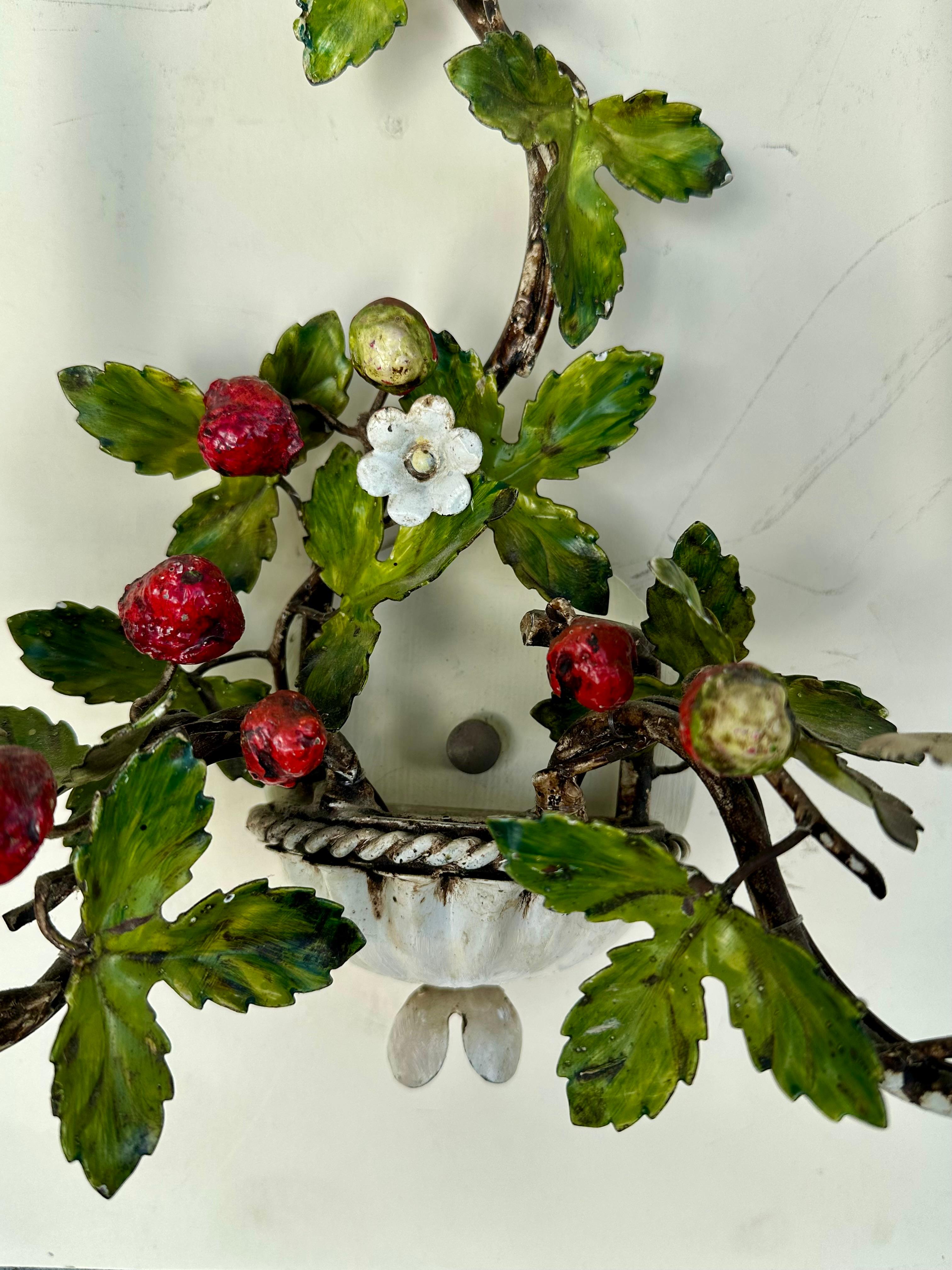 Pair of Mid-Century Italian Painted Tole Wild Strawberry Wall Sconces. For Sale 8