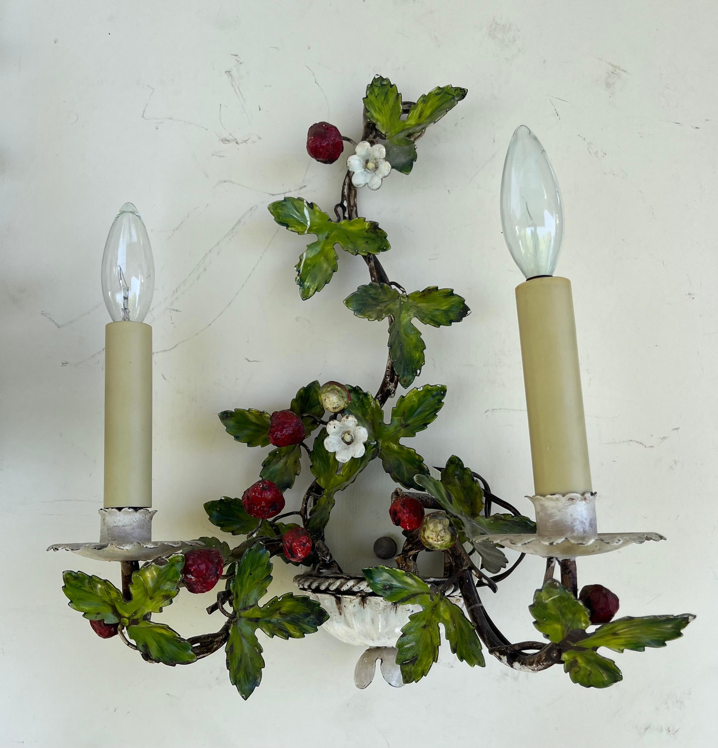Other Pair of Mid-Century Italian Painted Tole Wild Strawberry Wall Sconces. For Sale