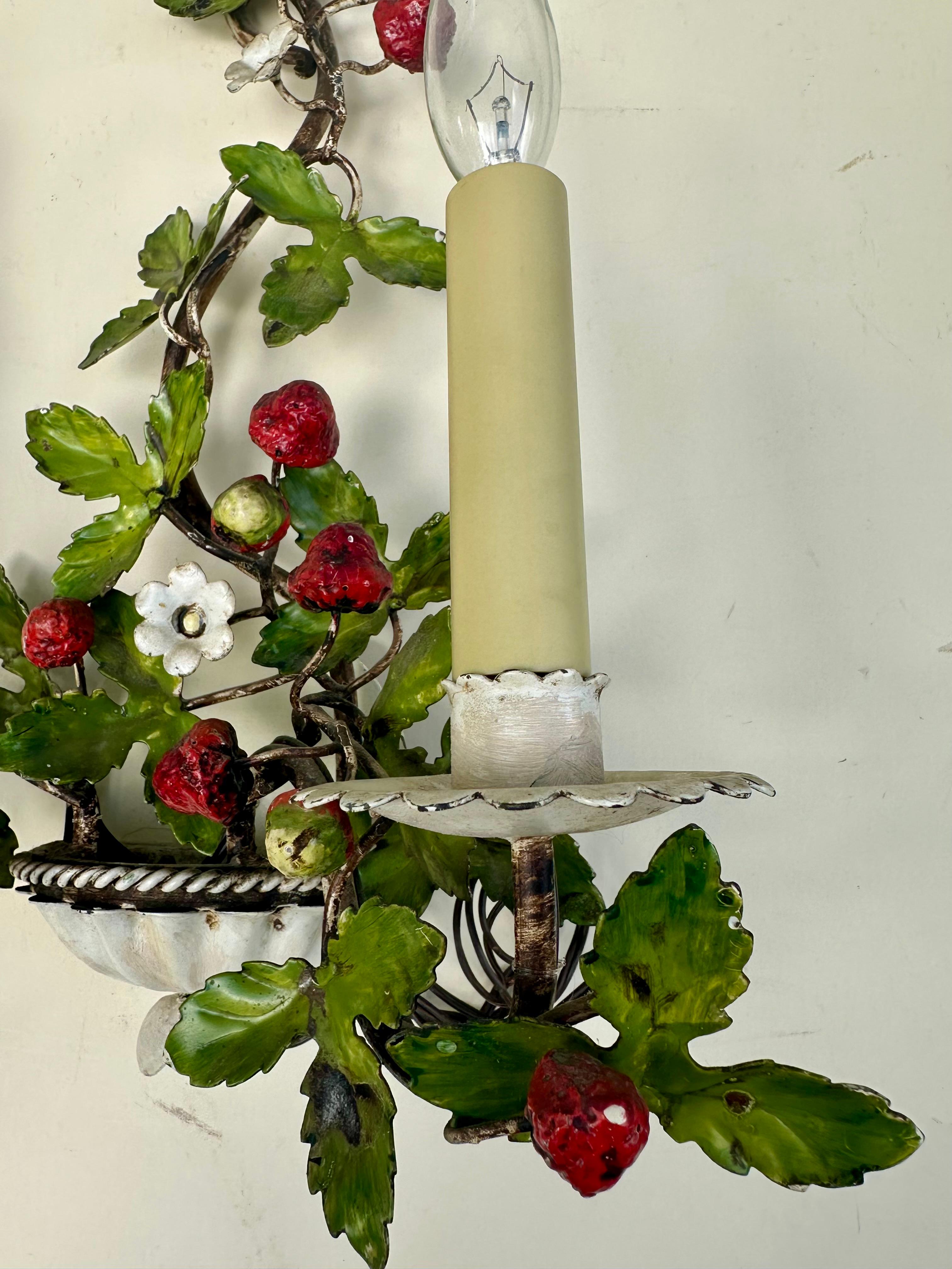 Fired Pair of Mid-Century Italian Painted Tole Wild Strawberry Wall Sconces. For Sale
