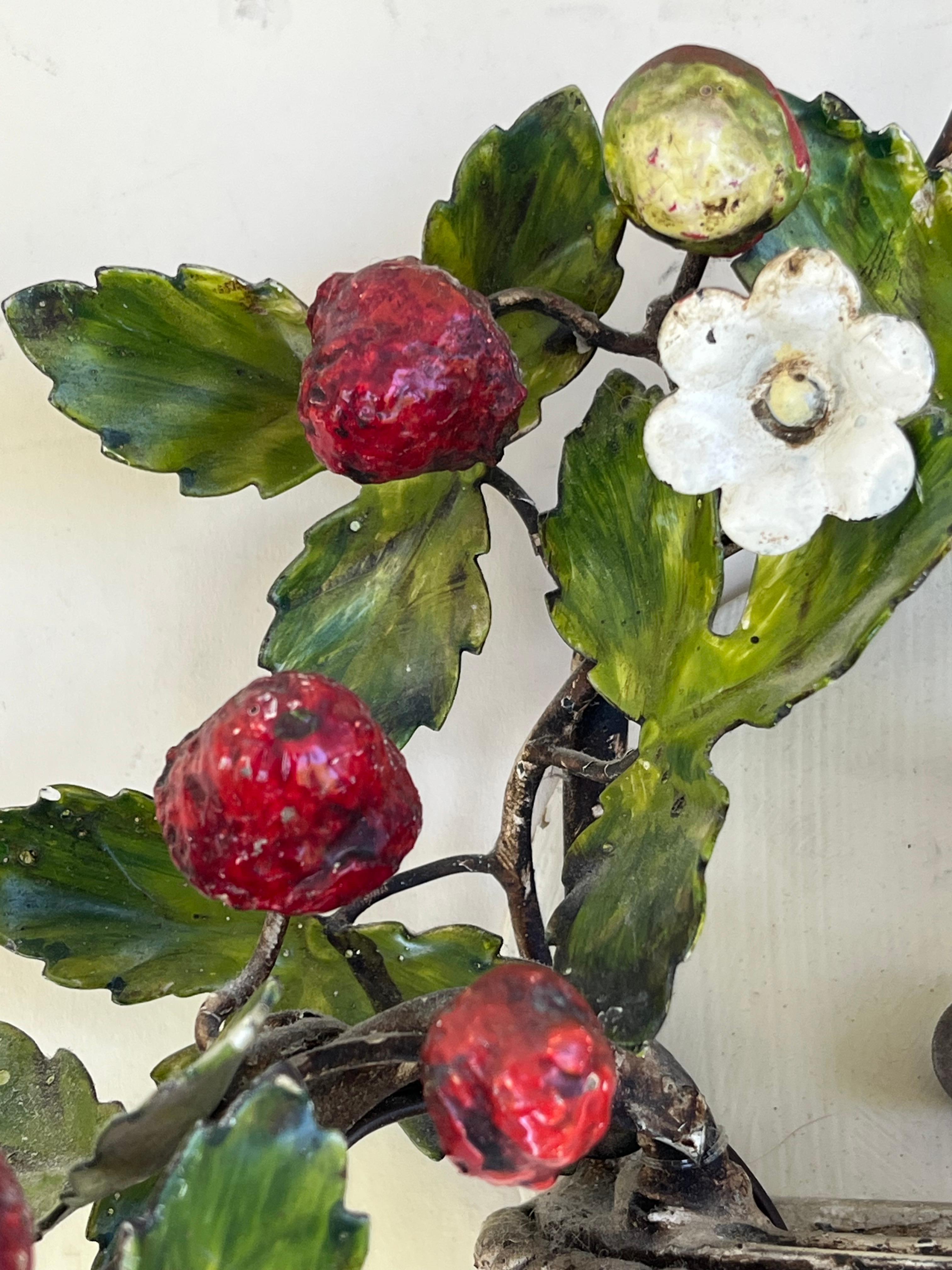 20th Century Pair of Mid-Century Italian Painted Tole Wild Strawberry Wall Sconces. For Sale
