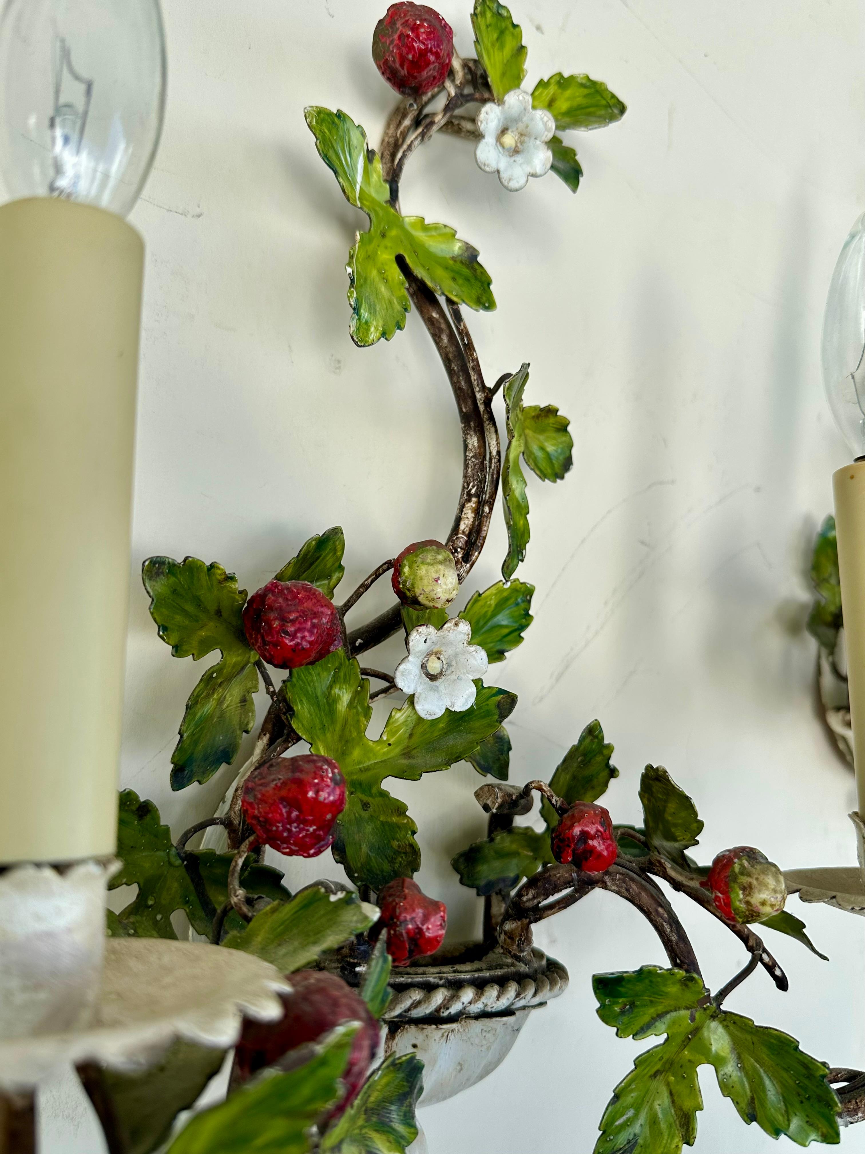 Metal Pair of Mid-Century Italian Painted Tole Wild Strawberry Wall Sconces. For Sale