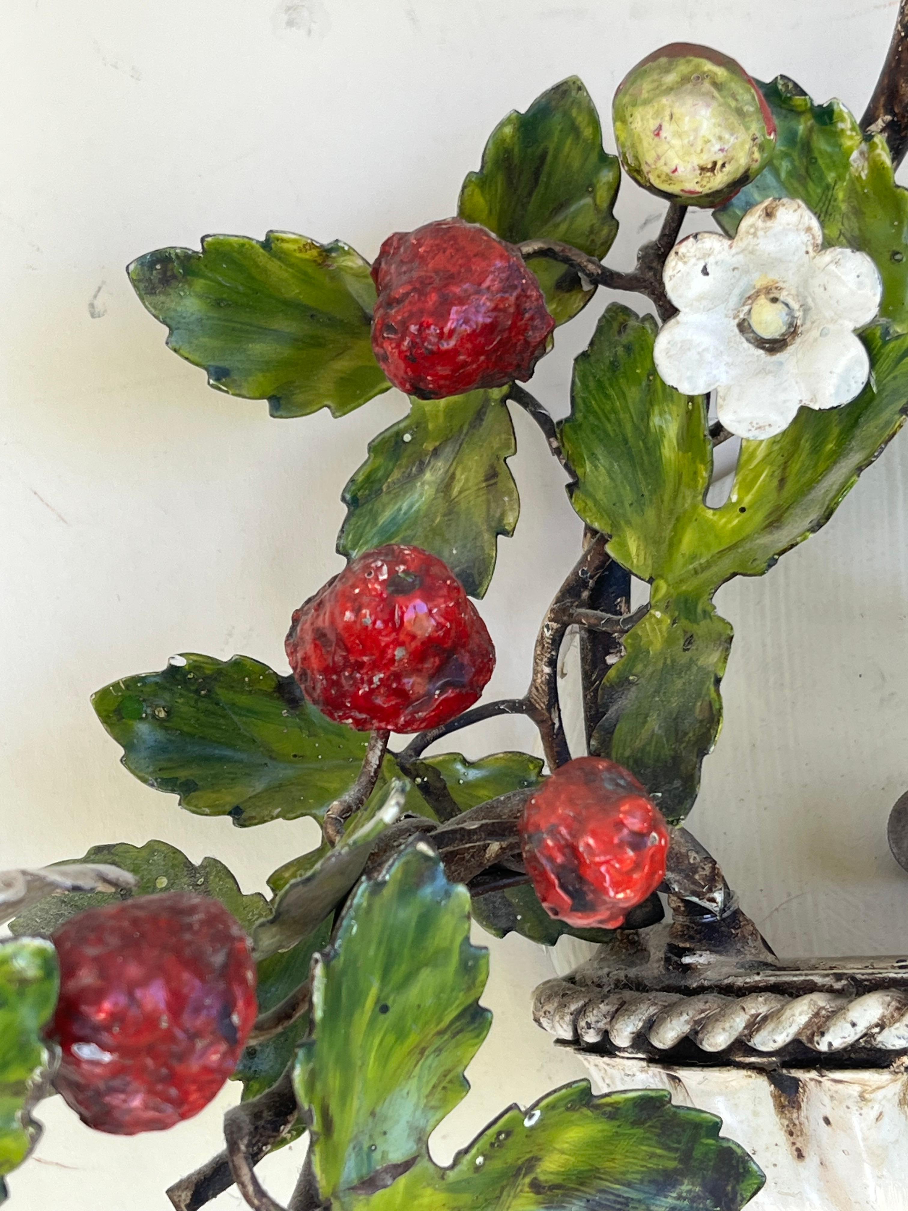 Pair of Mid-Century Italian Painted Tole Wild Strawberry Wall Sconces. For Sale 1