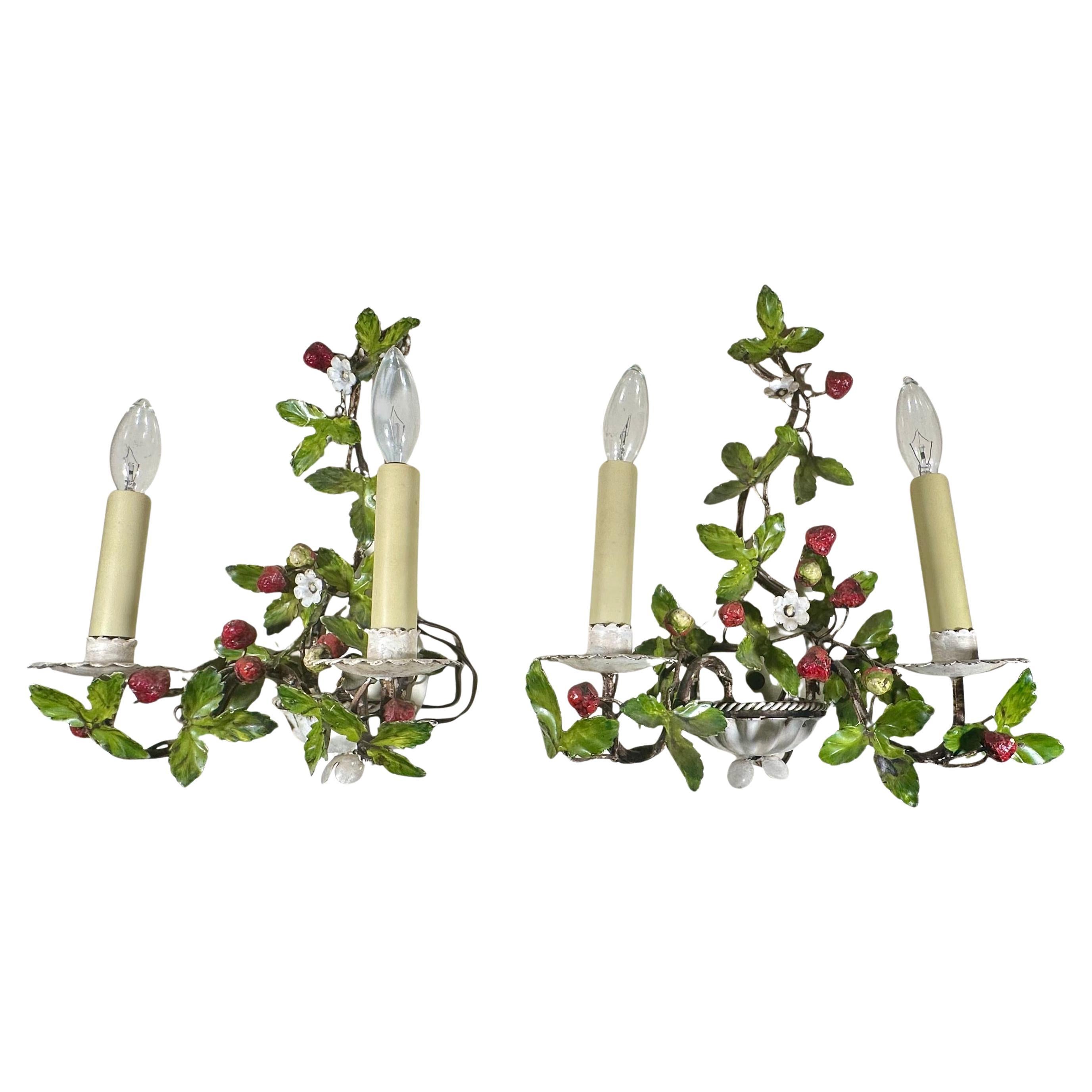 Pair of Mid-Century Italian Painted Tole Wild Strawberry Wall Sconces. For Sale