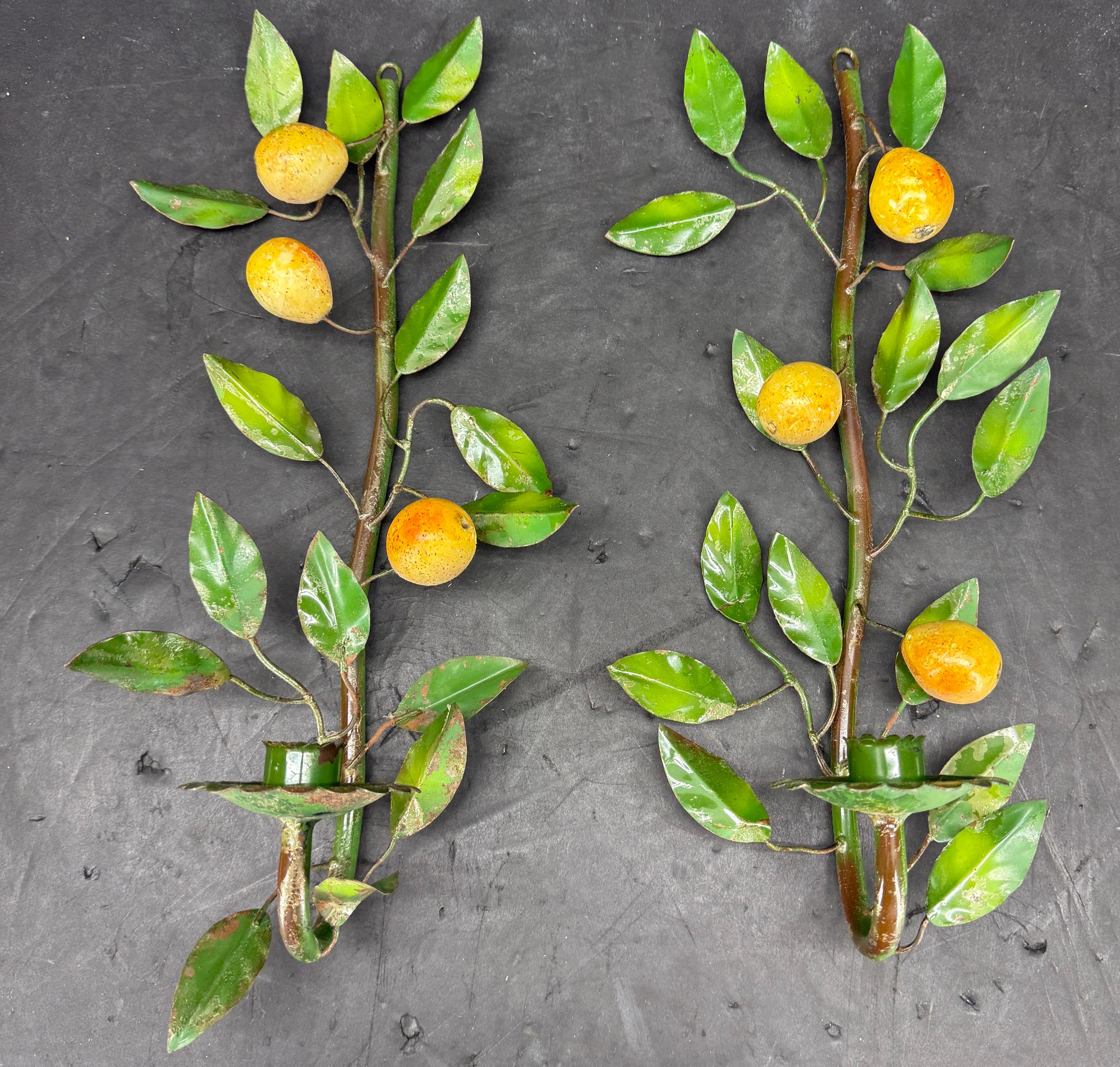 italien Pair of Mid-Century Italian Pear Fruit Metal Candle Wall Sconces en vente