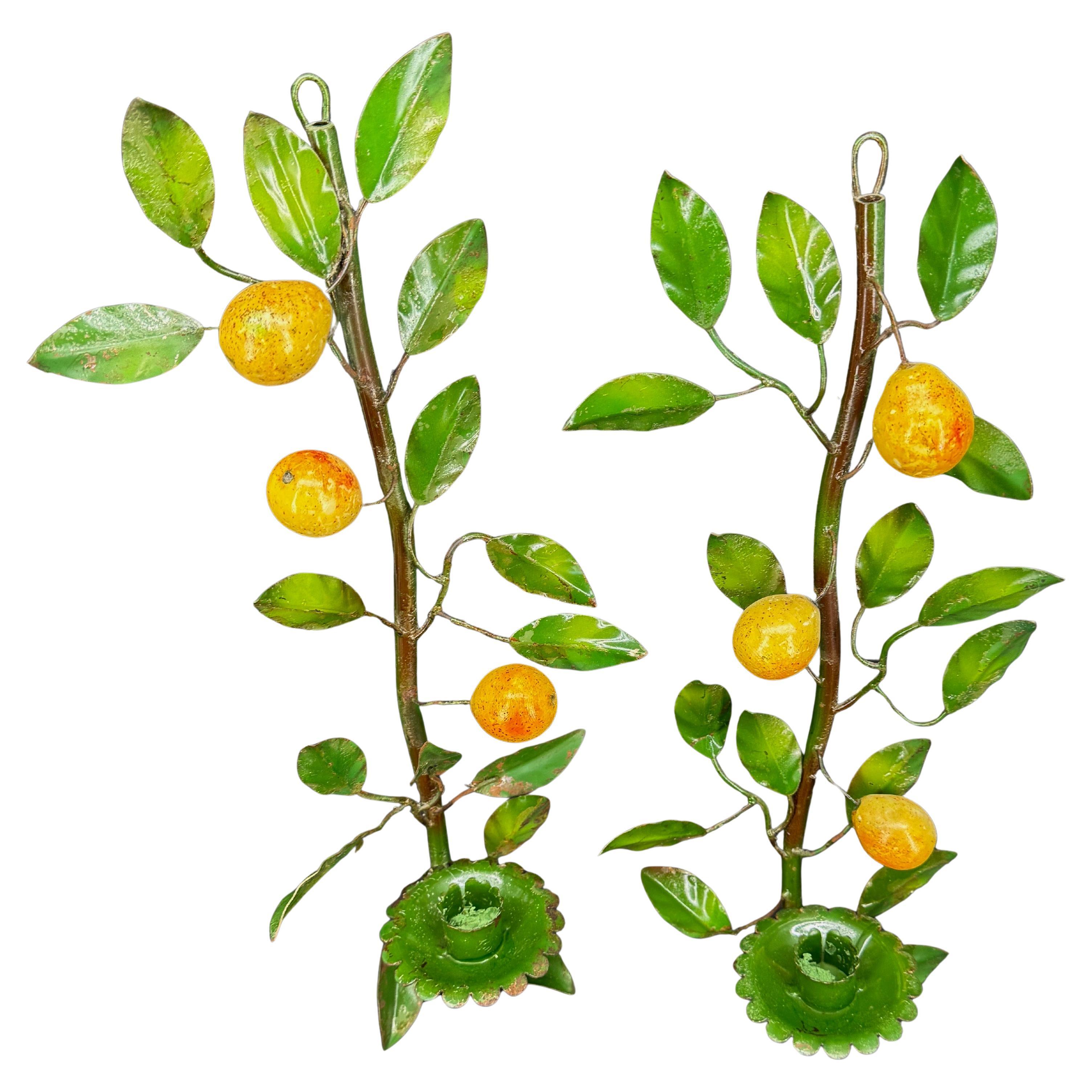 Pair of Mid-Century Italian Pear Fruit Metal Candle Wall Sconces en vente