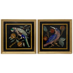 Pair of Midcentury Italian Pietra Dura Birds with Fruit in Framed Panels