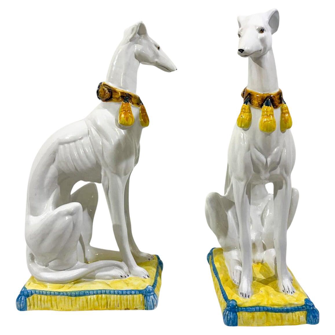 Pair of Mid-Century Italian Polychrome Glazed Terracotta Greyhounds