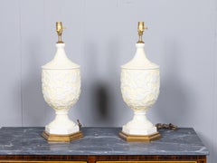 Pair of Mid-Century Italian Porcelain Urn-Form Table Lamps with White Relief