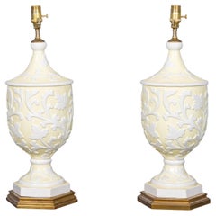 Pair of Mid-Century Italian Porcelain Urn-Form Table Lamps with White Relief