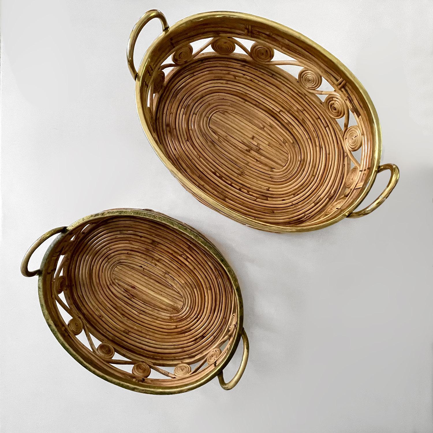 Pair of Mid Century Italian Rattan & Brass Oval Catch All Nesting Baskets For Sale 1