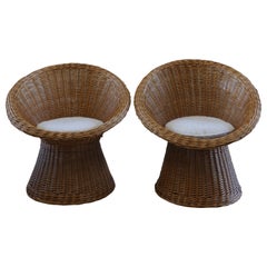 Pair of Mid-Century Italian Rattan Lounge Chairs with Bouclé Upholstery
