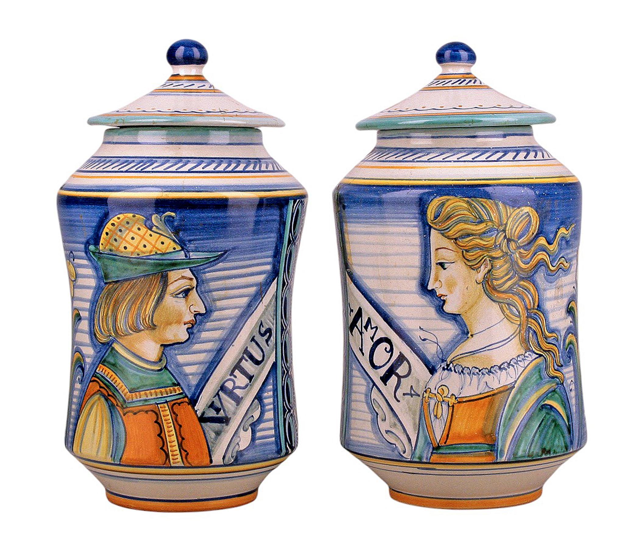 Pair of mid-20th century Renaissance Revival hand-painted ceramic jars with lids by Fratelli Mari from Deruta, Italy

By: Fratelli Mari, Deruta
Material: ceramic, paint, enamel
Technique: molded, pressed, hand-painted, painted, hand-crafted,