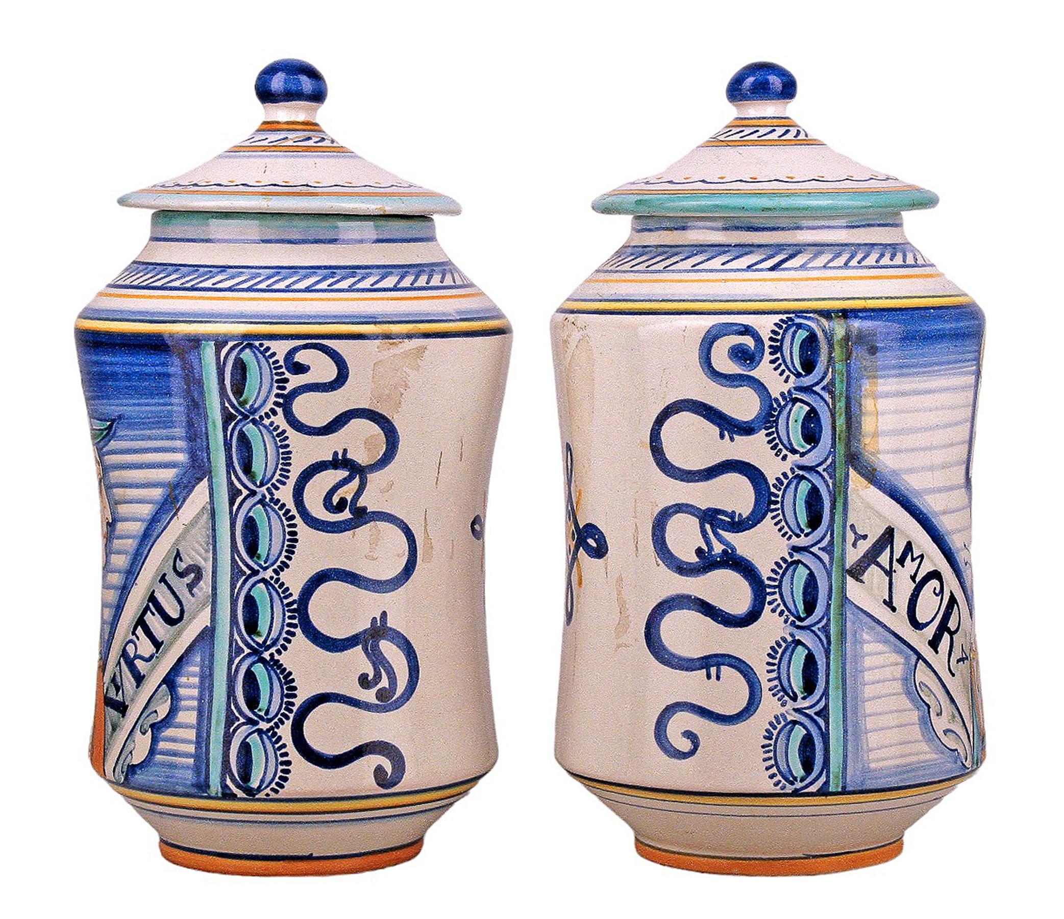 Enameled Pair of Mid-Century Italian Renaissance Revival Ceramic Jars by Fratelli Mari For Sale