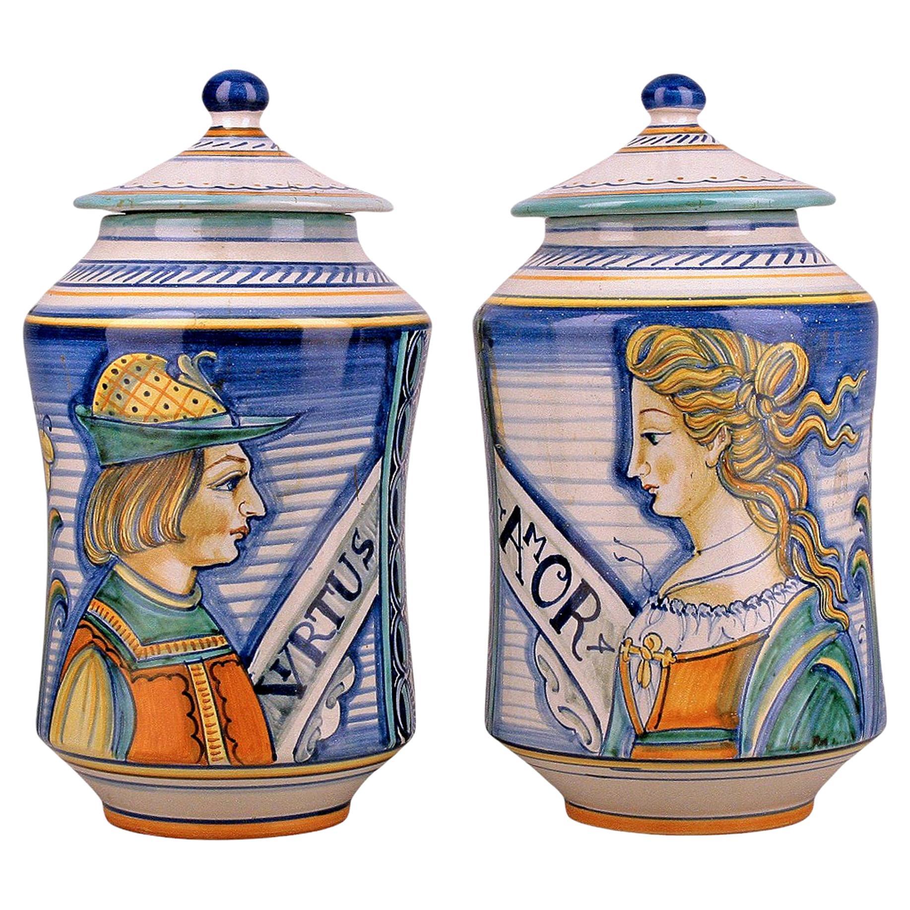 Pair of Mid-Century Italian Renaissance Revival Ceramic Jars by Fratelli Mari For Sale