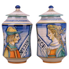 Vintage Pair of Mid-Century Italian Renaissance Revival Ceramic Jars by Fratelli Mari