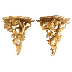 Pair of Mid-Century Italian Rococo Style Carved Giltwood Wall Brackets 