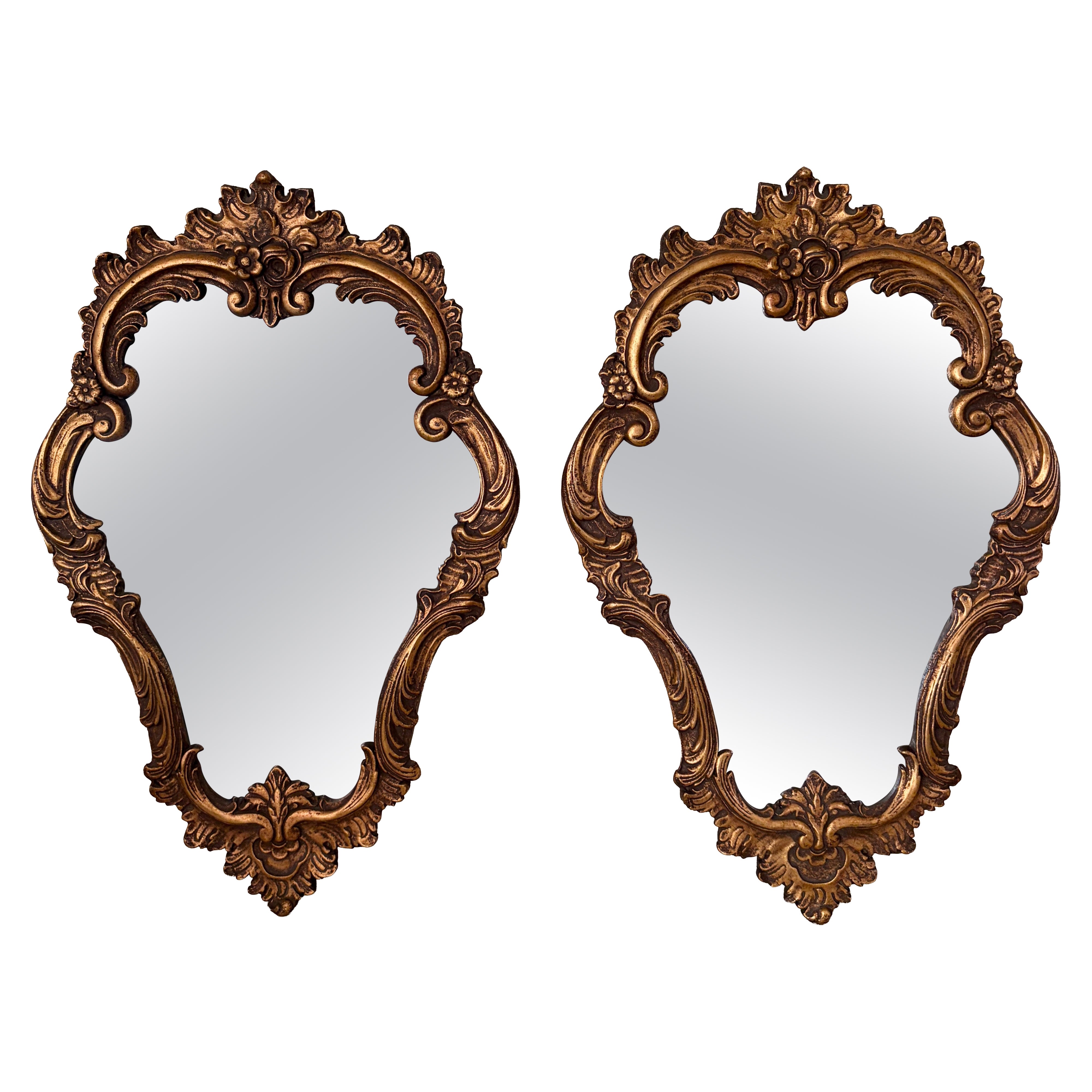 Pair of Mid-Century Italian Rococo Style Giltwood Mirrors With Antiqued Mirror