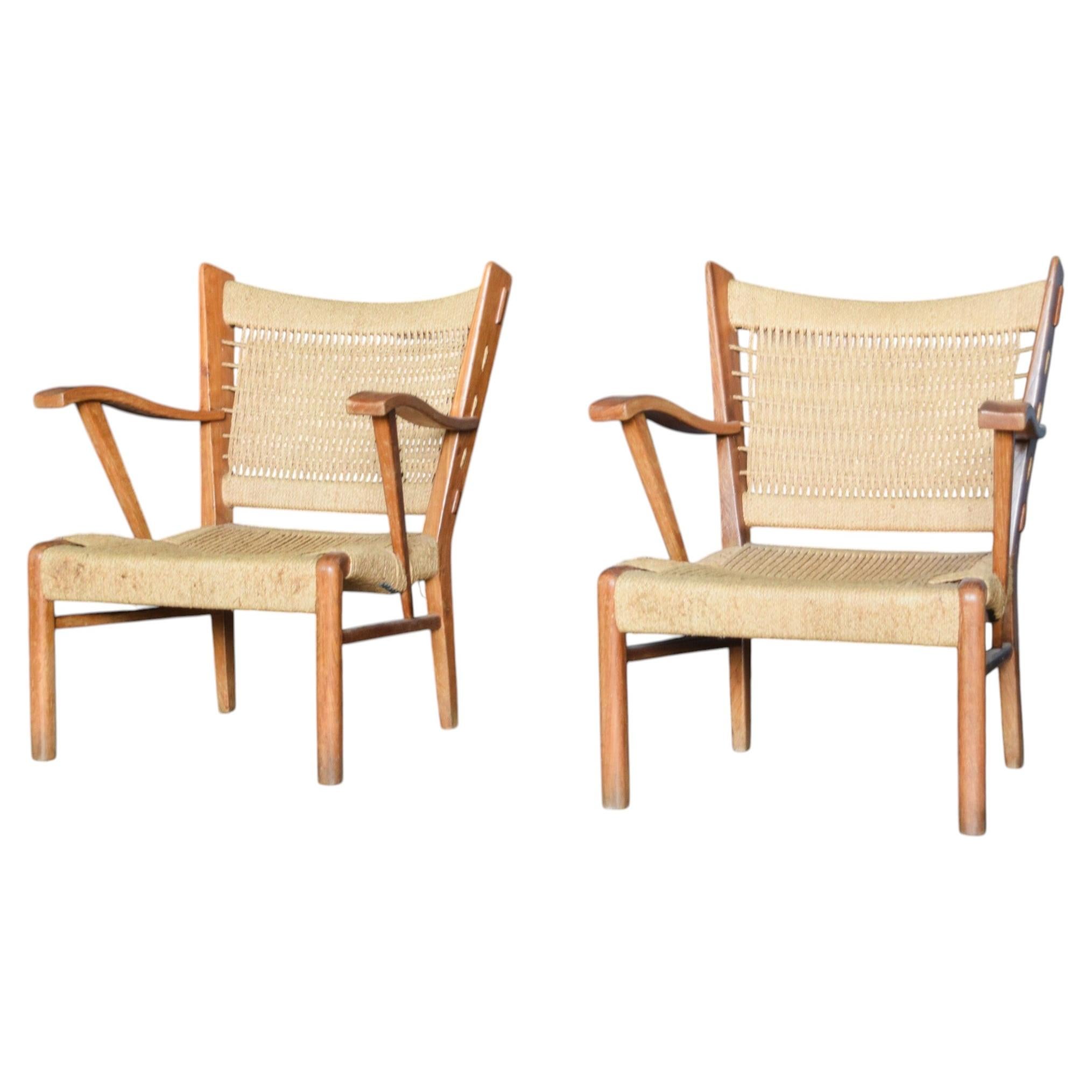 Paire de fauteuils italiens en bois et corde du milieu du siècle par Guglielmo Pecorini, années 1950